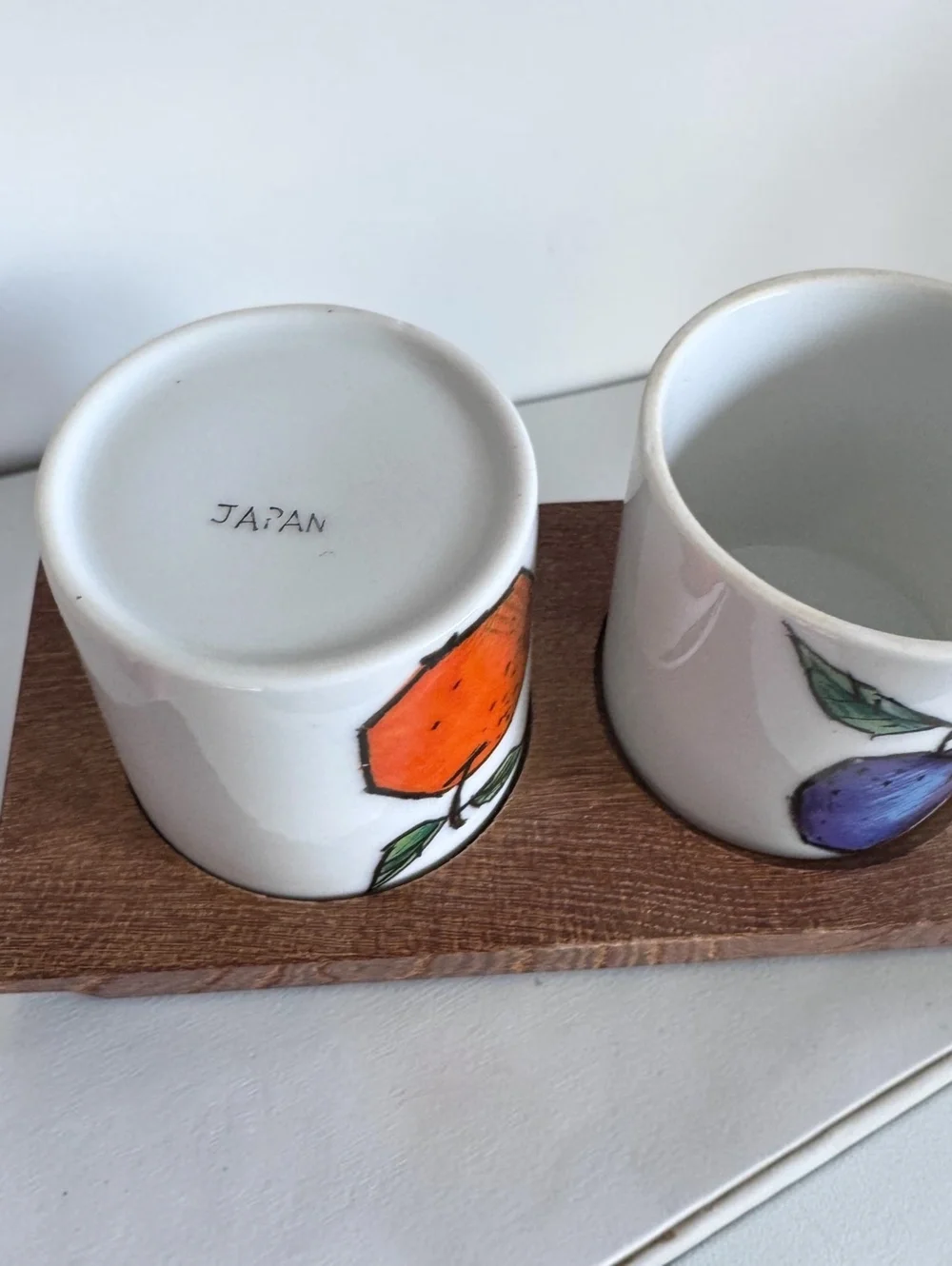 Vintage Japan Fruit Condiment Jars Set of 2 Ceramic Wood Lids & Holder MCM